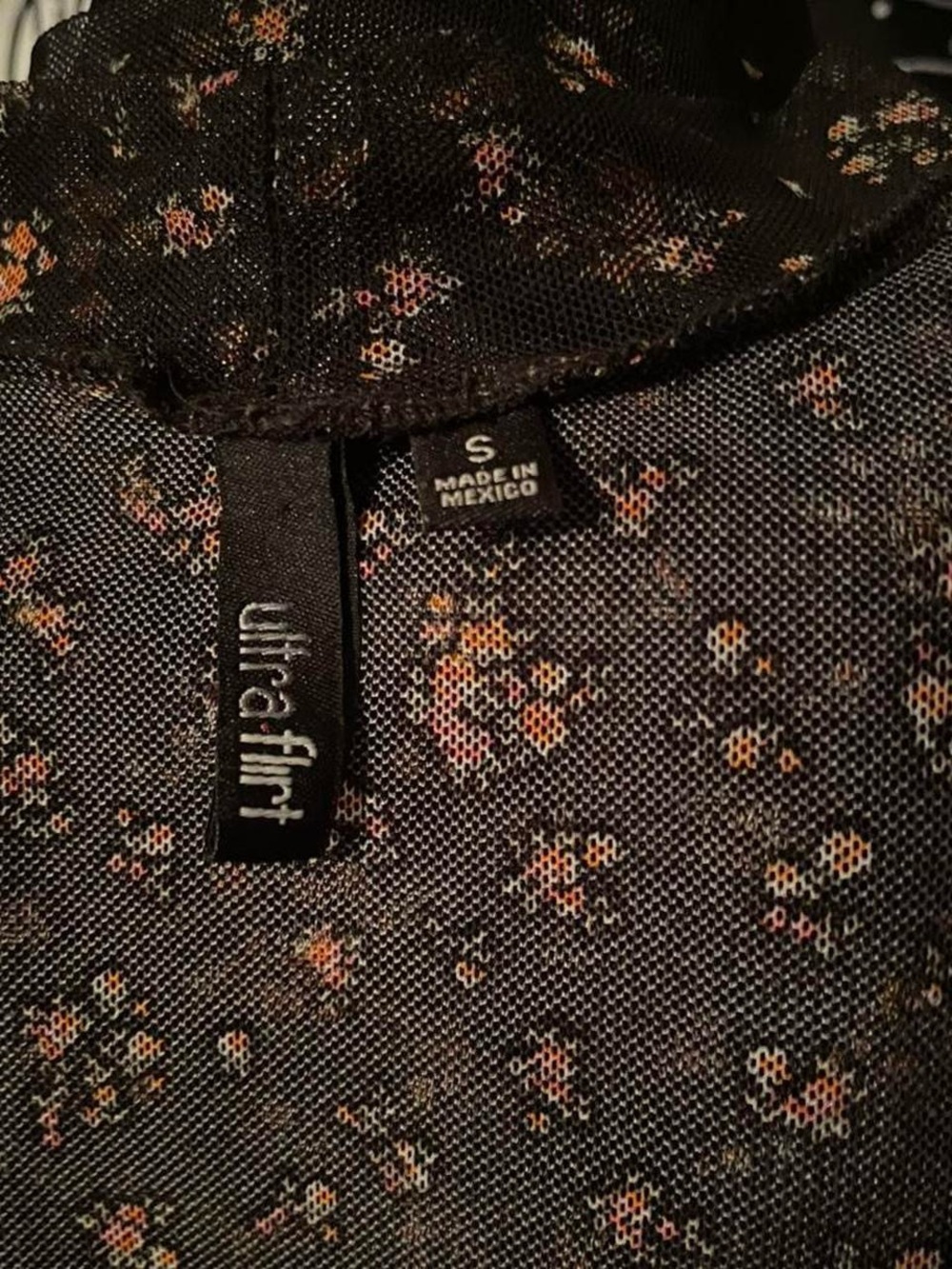Ultra Flirt Black Mock Neck Short Sleeve Top with Pink Floral Print - Picture 5 of 5